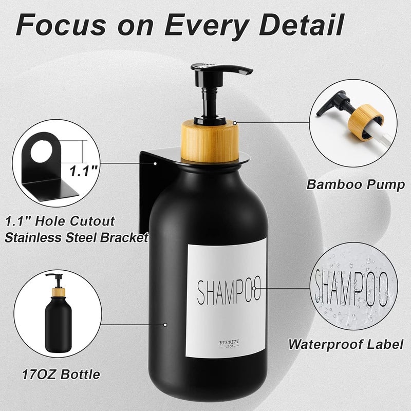 VITVITI Shampoo and Conditioner Dispenser, Body Wash Shower Soap Dispenser Wall Mounted 3 Chamber, Drill Free 17oz Plastic Shower Bottles for Bathroom, Black 3 Sets - Image 4